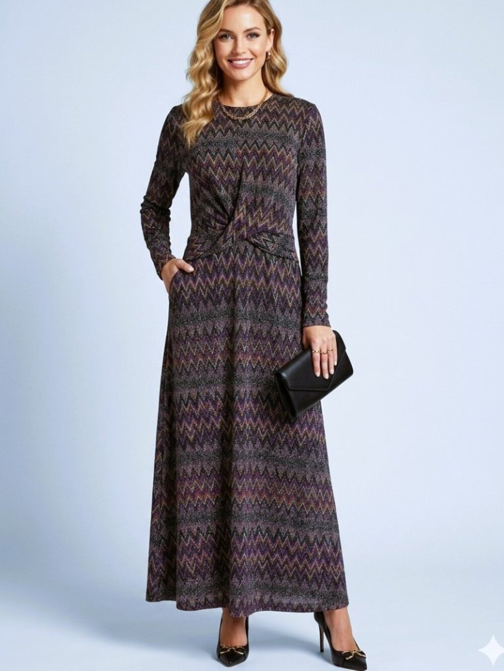 ORD Couture Chevron Pattern Shimmer Knit Faux Wrap Waist Detail Maxi Dress Sz M